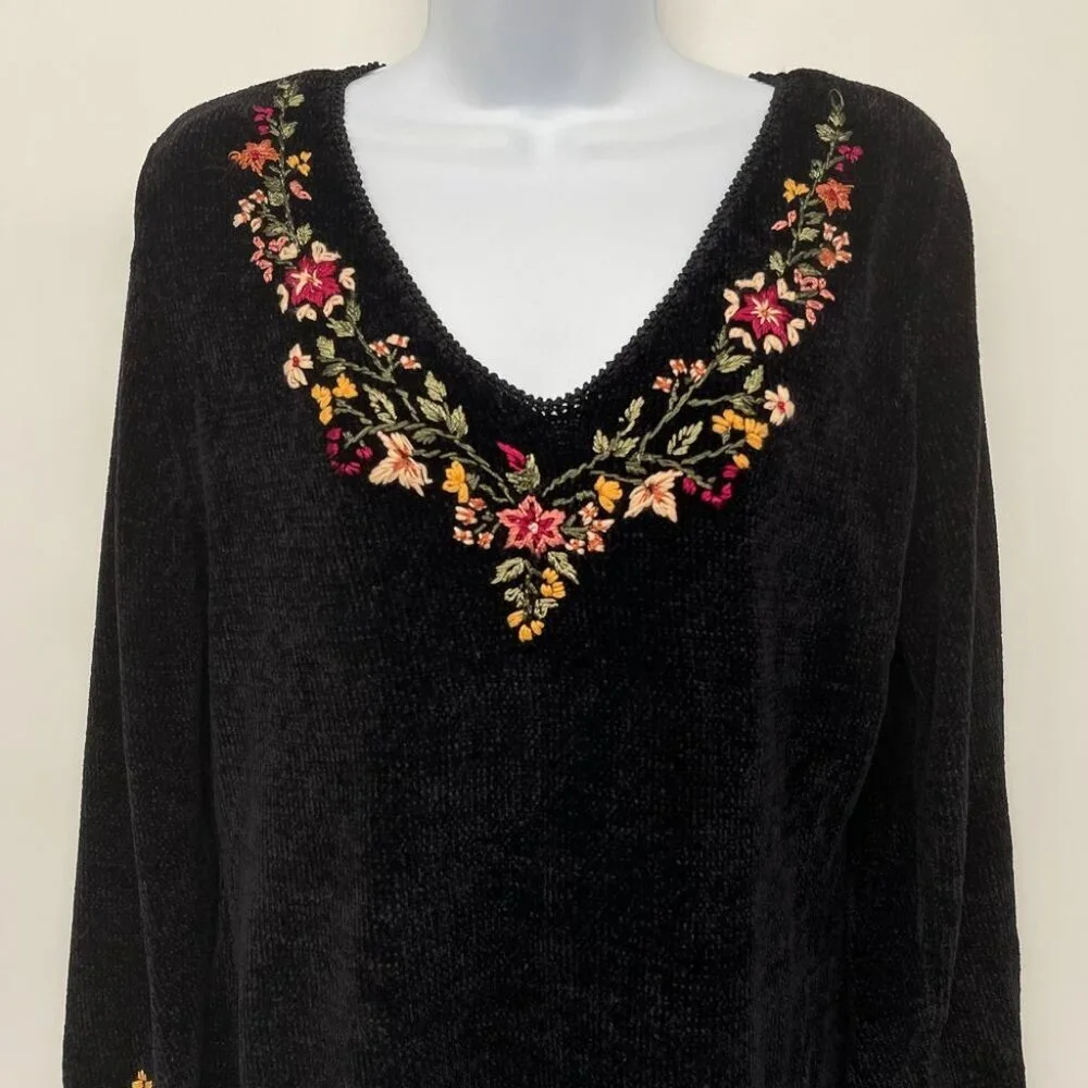 Vintage Velvet Floral Embroidered Sweater V Neck Top Blouse Long Sleeve 90s Blac - Picture 3 of 8